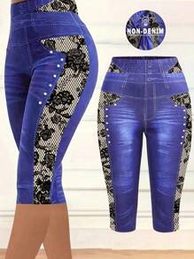 Ellevyn 1pc Women's Denim Effect Print Leggings, Casual & Fashionable For Everyday Wear