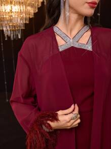 Modelyn 女士长袖简约外套和连衣裙休闲两件套 - 酒紅色 - 查看 7