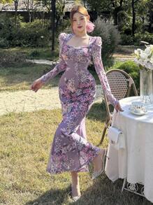 DAZY Rochie de damă cu mânecă lungă, guler cu inimă, cu imprimeu floral, lungime mijlocie, vară elegantă