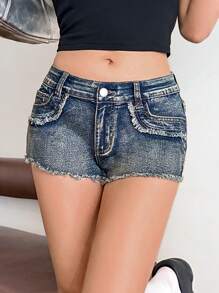 SHEIN EZwear Pantaloni scurți din denim pentru femei, casual, skinny, elastici, cu talie joasă, super scurți, western western women, cowgirl, pantaloni scurți pentru femei, country concert, pantaloni scurți blugi, pantaloni scurți pentru femei, blugi scurți, pantaloni scurți cu talie joasă