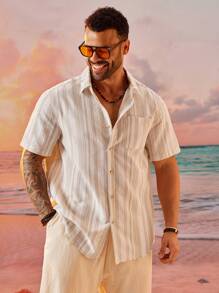 EASEVO Plus Size Men's Loose Casual Vertical Striped Woven Short Sleeve Shirt