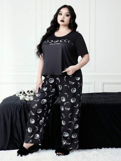 Goth Ensemble pyjama décontracté grande taille, Top à manches courtes et pantalon imprimé galaxie gothique