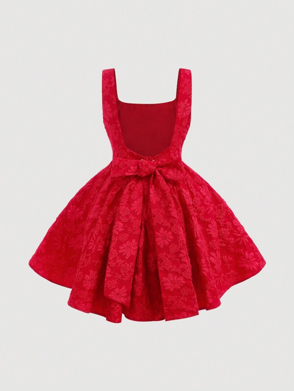 SHEIN Girlism Vestido rojo elegante sin espalda con lazo desmontable de unicolor y tejido jacquard para adolescentes, para el Día de San Valentín