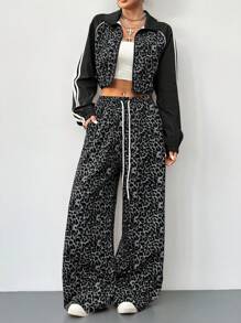 Coolane Conjunto de dos piezas de mujer con chaqueta estilo atlético de mezcla de estampado de leopardo y pantalón ancho de chándal para salir