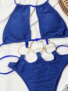 Swim SXY 1pc Women's Textured Fabric Solid Color Cut Out Front Sexy Halter One-Piece Swimsuit, For Summer Beach Vacation - Royal Blue - View 3