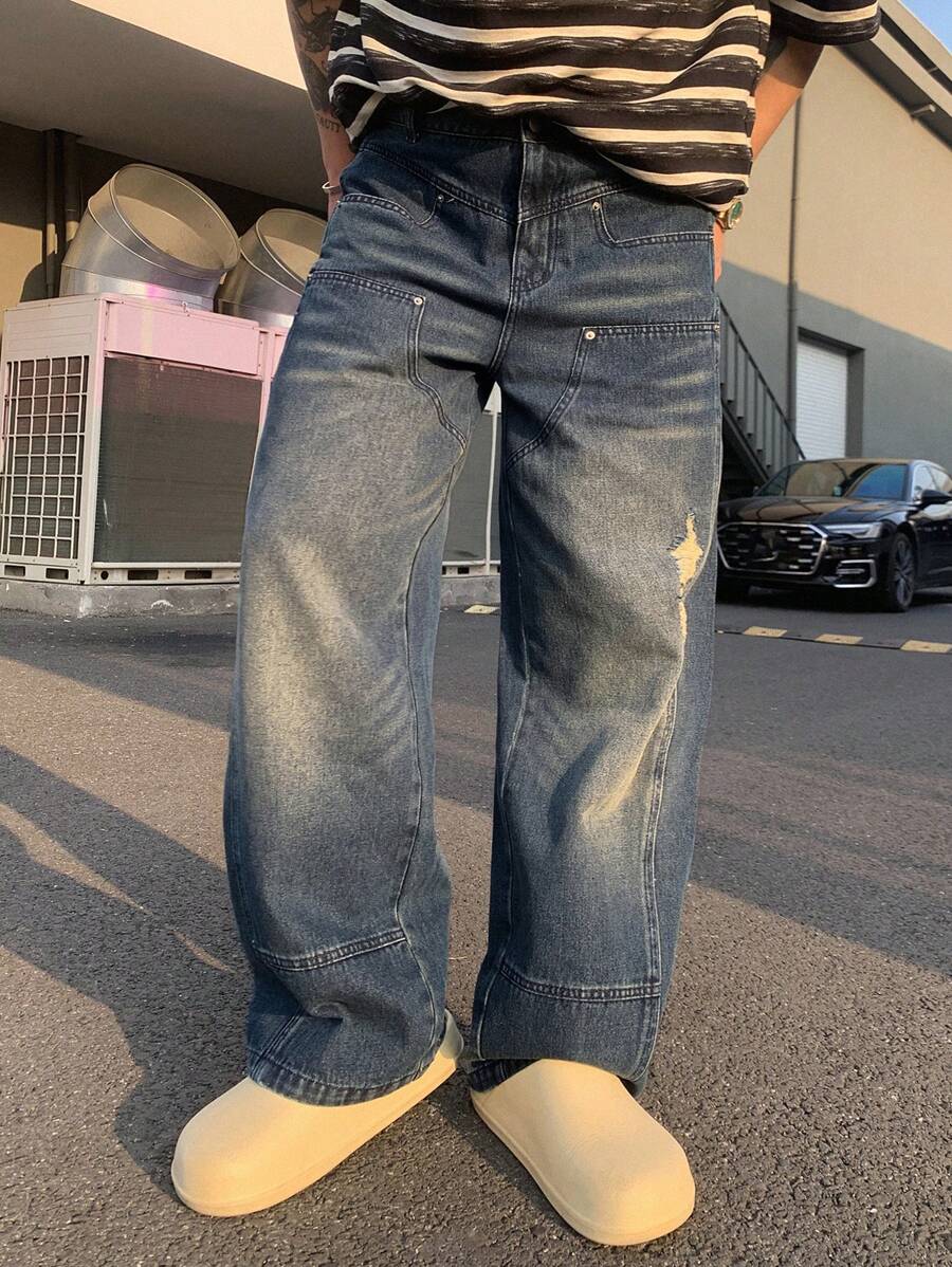 DAZY Plain Blue Distressed Vintage Men's Denim Jeans, Autumn