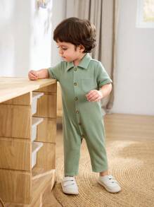 Cozy Pixies Baby Boy Simple Solid Knit Soft Casual Lapel Button-Front Long Sleeve Romper With Pants, Versatile For Summer