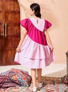 Tween Girl' Casual Adorable Resort Colorblock Layered Cap Sleeve Dress