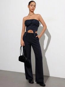 Aveloria Affinna Conjunto de traje de dama con bustier asimétrico a rayas con silueta de globo y pantalón de pierna recta, con estilos punk, romántico, de oficina, Vamp, elegante, sofisticado y de Y2K