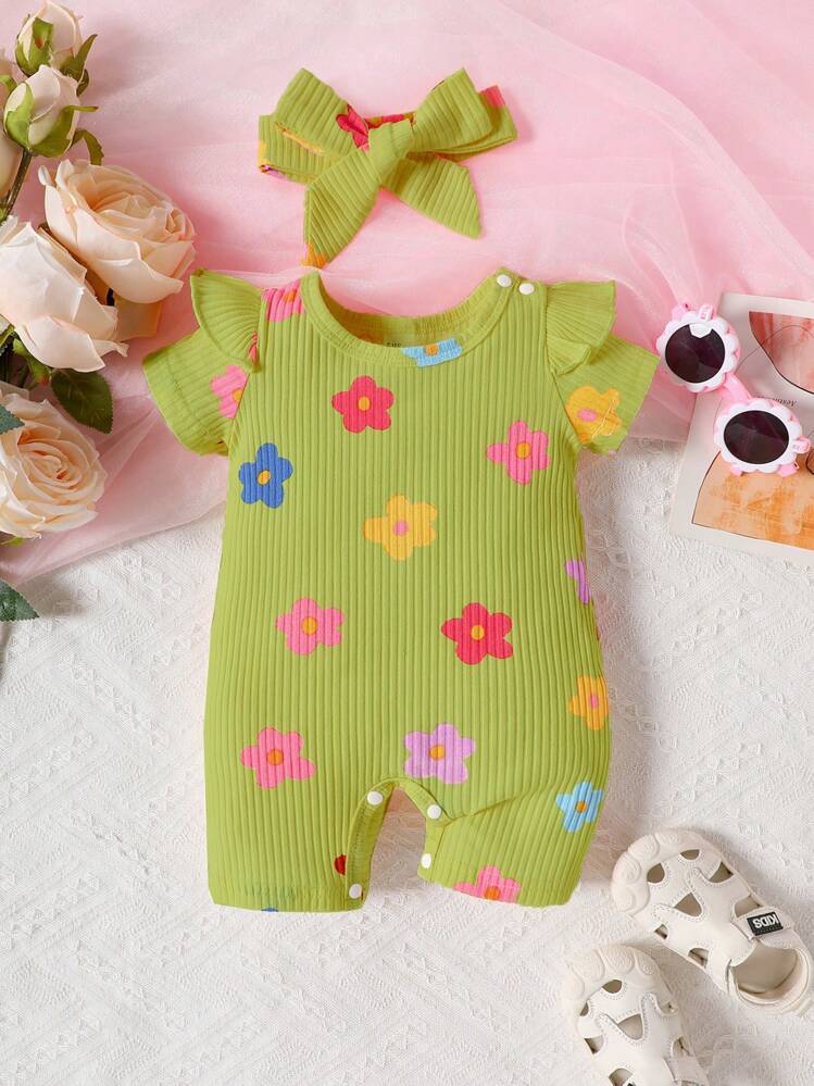 SHEIN Playful Pals Baby Girl Cap Sleeve Romper, Cap Sleeve Jumpsuit, Infant Girls Comfortable Printed Casual For Summer, Holiday, Home - Green - View 3