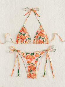 SHEIN Swim Strandoutfit für Damen 2-teilig, Sommer Zufallsdruck Trapez Bikini-Top und Bikinihose mit Seitenbindung Bademode-Set