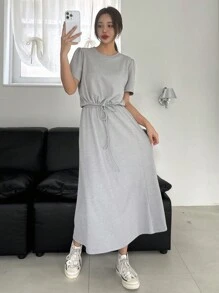 DAZY 2pcs Women's Solid Color Drawstring Cropped T-Shirt & Split Hem Skirt Set - Grey - View 5