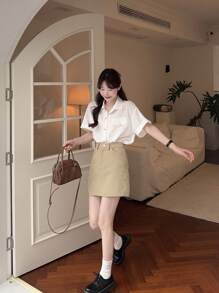 DAZY Women's Regular Collar Casual Solid Color Blouse - Apricot - View 8