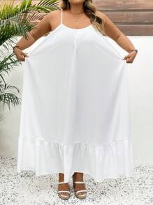 SHEIN CURVE+ Solid Color Plus Size Tank Top Swing Dress,Long Vacation Dress, Wedding Anniversary, White Dress, Long White Dress Boho Vacation