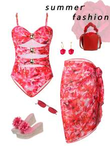 SHEIN Swim Elegant Beach Outfits For Women: 1pc Swimsuit With Coverup, Skirt And Sarong For Summer Beach Vacation