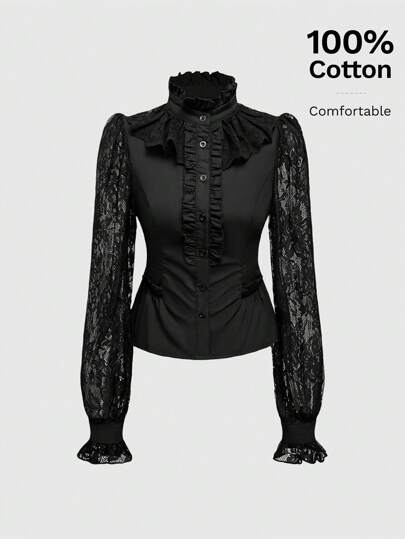 Classic Gothic Vintage Style Lace Panel Back Tie Waist Women Blouse