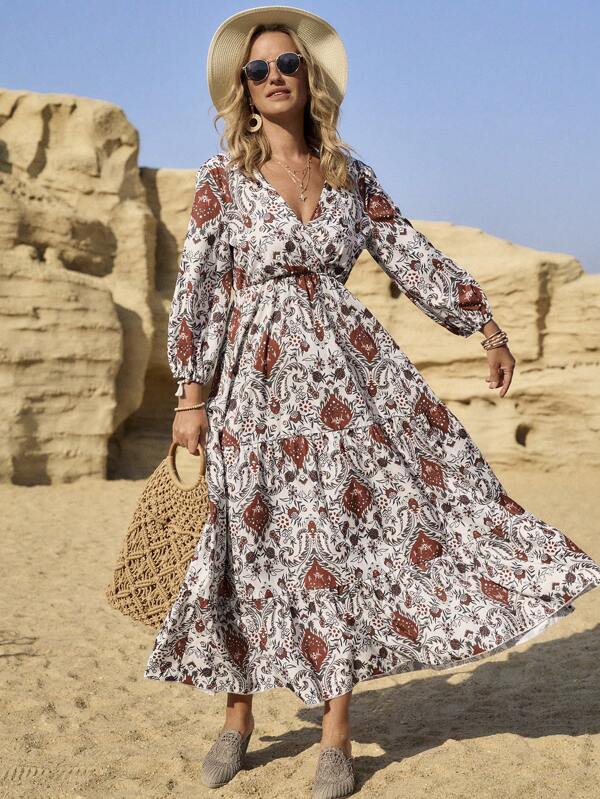 LanaWest Rochie midi imprimată, fără spate, cu curele de cravată, cu talie, linie A, ocazională, pentru uzură zilnică, mâneci 3/4