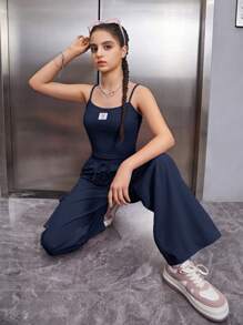 SHEIN Teen Girls Solid Color Sports Top And Pants Set - Navy Blue - View 6