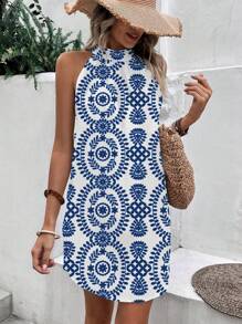 SHEIN LUNE Vestido con escote halter, corte evasé y estampado floral - Azul - Ver 3