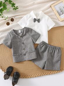 SHEIN Leap Crew 3pcs Baby Boy Solid Color Jacket With Bow Tie Collar Short Sleeve Shirt And Elastic Waist Shorts Set, Suitable For Birthday Party, Baptism, 1st Birthday Celebration, Formal Occasions, Performances, Weddings, Baby Showers - Grey - View 4