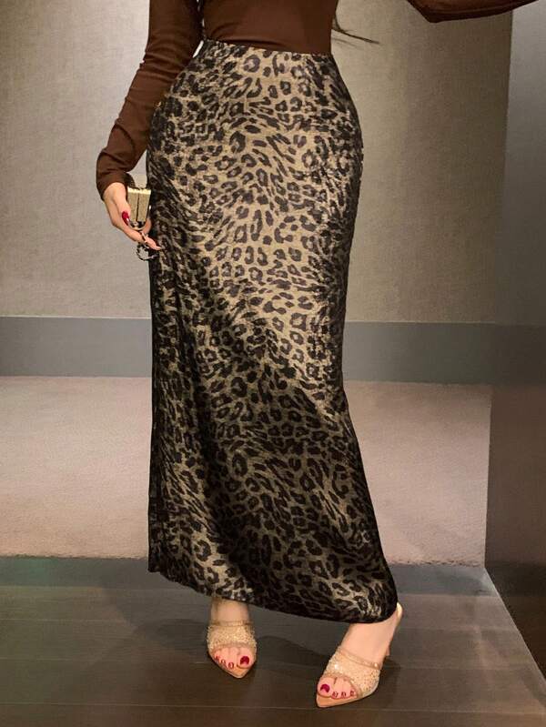 DAZY Falda larga de satén con estampado de leopardo para mujer, ropa de vuelta al colegio en otoño
