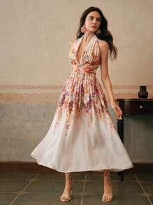 Anewsta Vestido de mujer con elegante escote pronunciado, ajustado, de tirantes, con estampado floral, sin mangas, de vuelo, para el verano