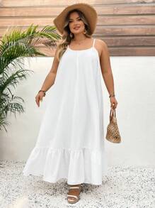 SHEIN CURVE+ Solid Color Plus Size Tank Top Swing Dress,Long Vacation Dress, Wedding Anniversary, White Dress, Long White Dress Boho Vacation
