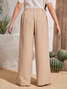 Tween Girl Casual Fashion Solid Color Ruched Wide Leg Pants - Khaki - View 2