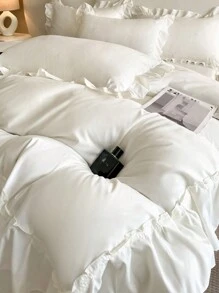 3pcs White Ultra-Soft Skin-Friendly Ruffle Floral Bedding Set - 1 Duvet Cover, 2 Pillow Shams, Excluding Filling, Machine Washable