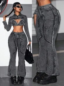 SHEIN ICON Women's Front Button Pocket Frayed Edge Casual Denim Jeans - Black - View 1