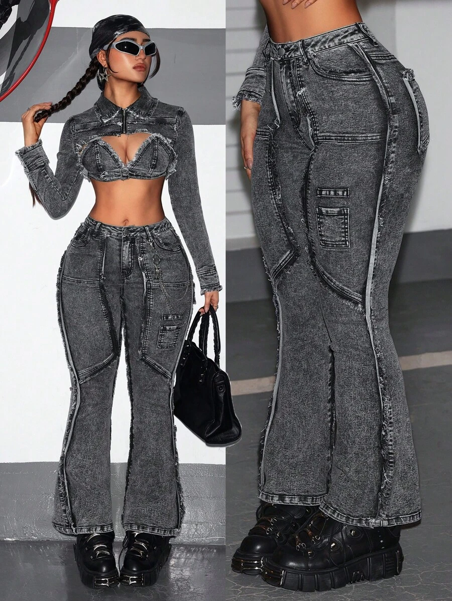 SHEIN ICON Women's Front Button Pocket Frayed Edge Casual Denim Jeans - Black - View 1