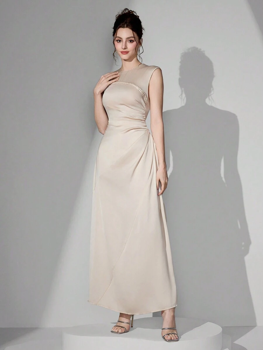 Poshira 女士优雅奢华缎面褶皱腰正式舞会礼服、婚礼宾客礼服、派对礼服、舞会礼服