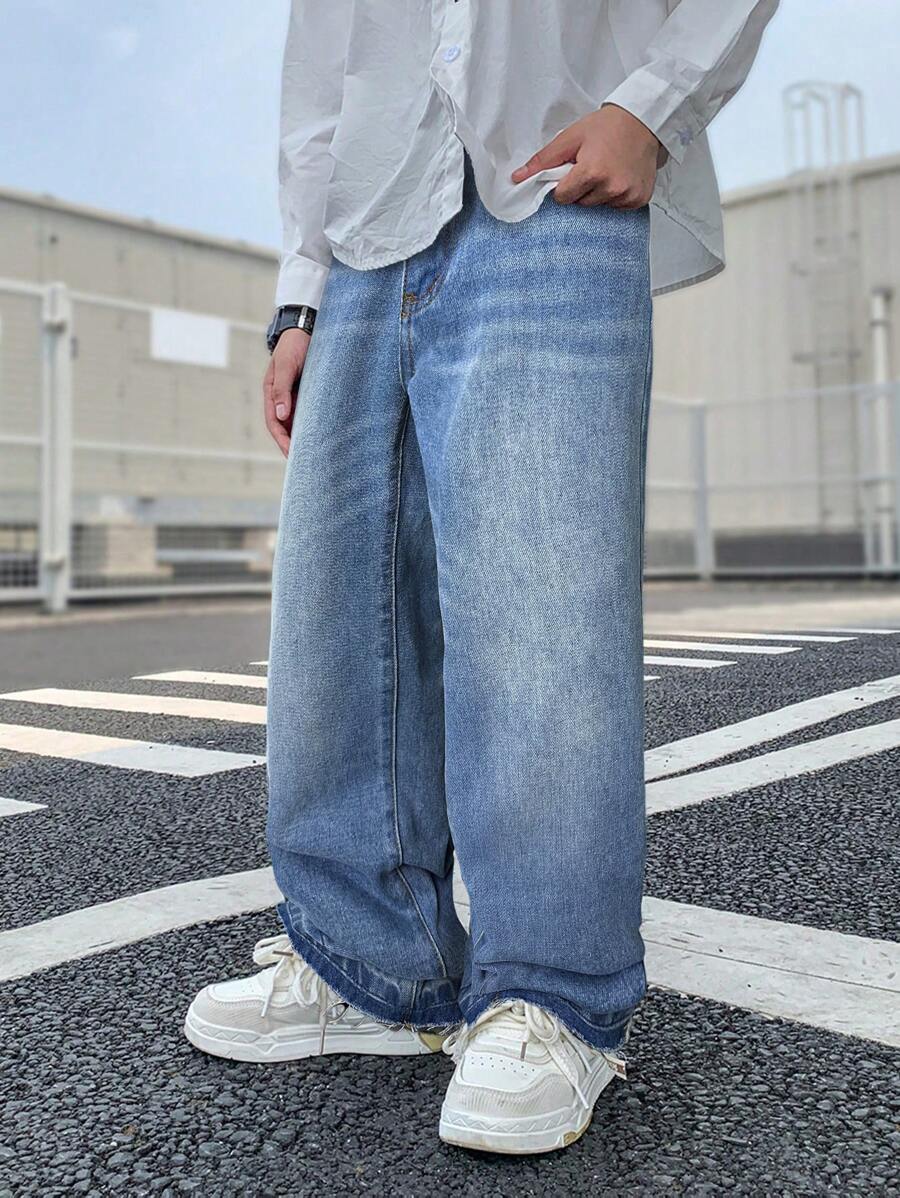 SHEIN Tween Boy Fashion Casual Casual Base Leg Hem Design Black Loose Straight Leg Jeans For Dailywear And Fall Kids Clothes - Light Wash - View 1