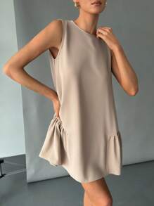 SHEIN Essnce 波西米亚风连衣裙淡蓝色连衣裙亚麻女式条纹圆领无袖休闲迷你连衣裙 - 卡其色 - 查看 4