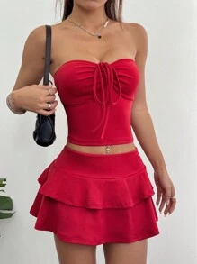 Flirla 2 pezzi set da donna: top corto a fascia e gonna arricciata