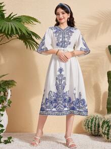 少女优雅复古印花连衣裙，V 领，喇叭袖，收腰，荷叶边下摆中长连衣裙 - 白色 - 查看 4