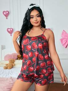 ROMWE Kawaii Plus Size Cherry Print Camisole & Shorts Set, Casual Summer Loungewear - Black - View 4