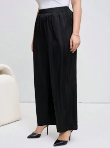 Chikora Plus Size Women's Solid Color Elastic Waist Pocket Simple Long Pants Old Money Festival