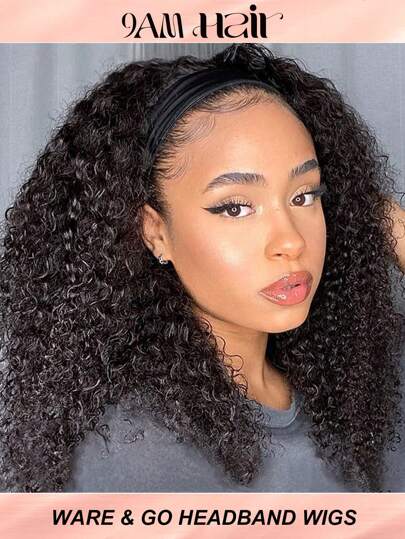 Afro Kinky Curly Headband Wig Human Hair 150% Density Afro Wigs For Women Glueless Curly Headband Half Wigs For Women Natural Color