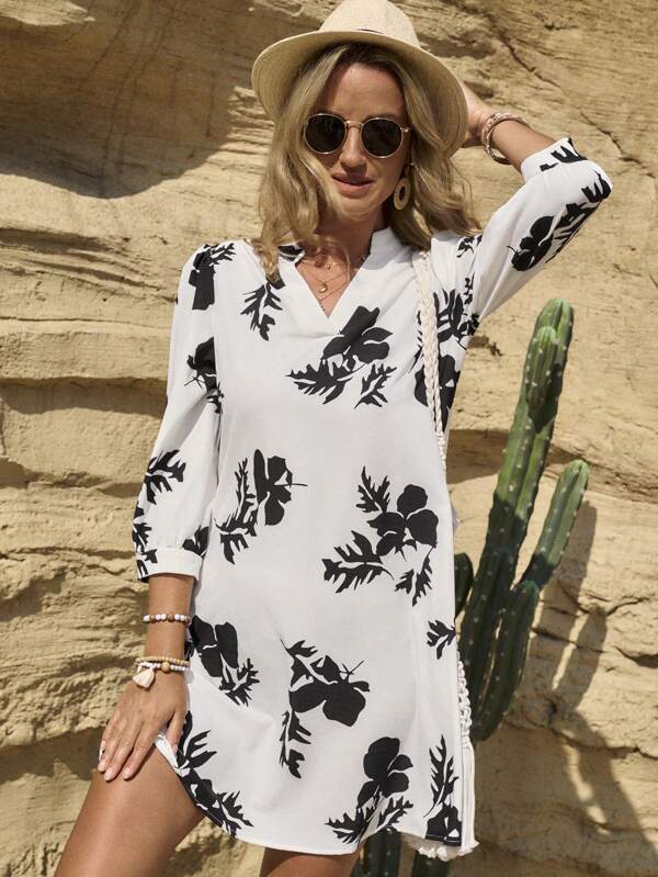 LanaWest Vestido camisero de mujer con estampado floral, de corte holgado y estilo rural casual, de manga media y largo midi, versátil para el uso diario