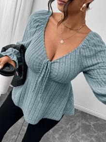 SHEIN Frenchy Plus Size Autumn Casual Long-Sleeved Women's Clothing, Tie On The Chest, Soft And Comfortable Fabric, Beautiful T-Shirt For Home And Outing ,Solid Color Heart-Shaped Collar Ruffle Hem Long Sleeve T-Shirt - Blue - View 1