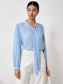 EastFlair Blusa casual de manga larga con detalles plisados y decoración de perlas falsas de unicolor para mujer