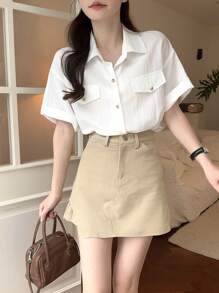 DAZY Women's Regular Collar Casual Solid Color Blouse - Apricot - View 1