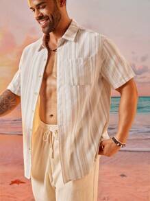 EASEVO Plus Size Men's Loose Casual Vertical Striped Woven Short Sleeve Shirt