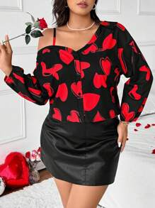 Celure Damen Große Größen Bluse mit Herzprint, Langarm, Schulterausschnitt, Modisch, Valentinstag