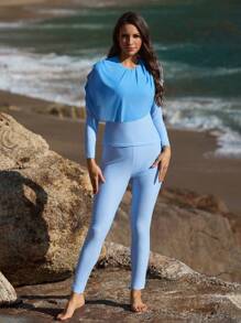 Swim Shayni Women's Solid Color Long Sleeves Top & Pants & Skirt Burkini Set, Slim Fit Casual And Fashionable For Everyday Wear, For Summer Beach Vacation Arabic Clothing