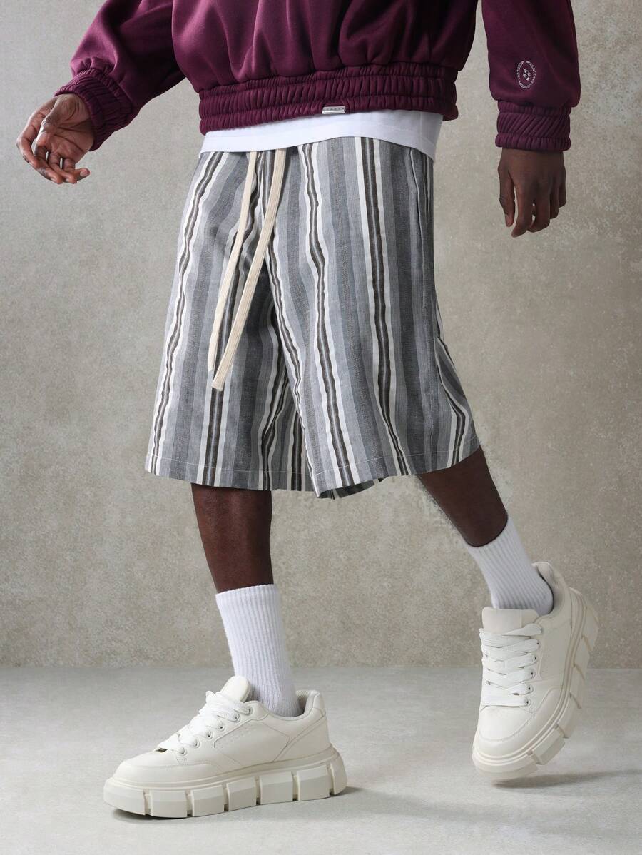 SUMWON 宽松条纹百慕大短裤休闲夏季海滩度假装长款宽松散步度假短裤，腰部抽绳 - 彩色 - 查看 1