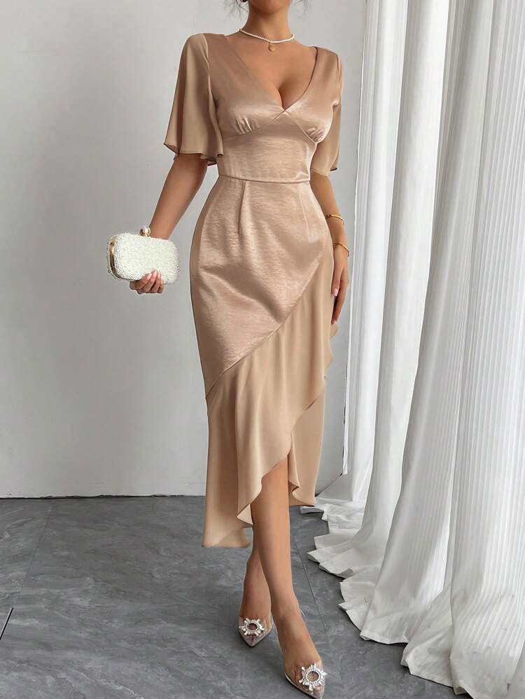 Women's Long Ruffle Trim Patchwork Elegant Formal Dress, Wedding Guest Dress Prom Dress Elegant Sundress,Dress For Wedding