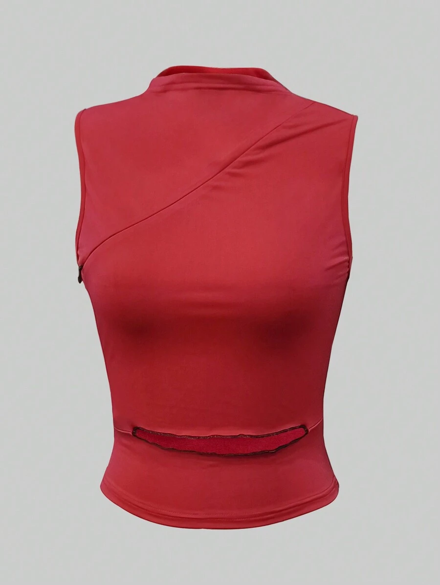 SHEIN EZwear Fashionable Sexy Solid Color Red Hollow-Out Stand Collar Cropped Cami Top