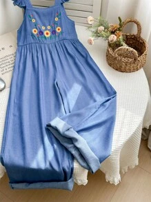 LMoss Kids LMoss Tween Girl Woven Solid Floral Pattern Ruffle Hem Loose Jumpsuit - Blue - View 1